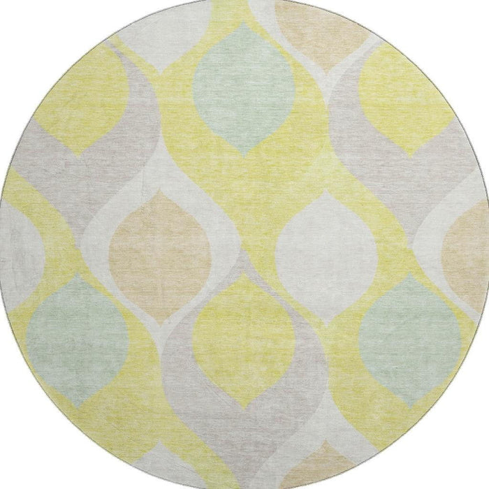 8' Ogee Washable Round Rug With UV Protection - Yellow