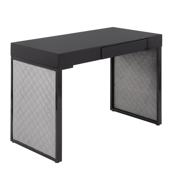 Drift - Contemporary Upholstered Desk - Black Steel, Black Wood And Silver Velvet