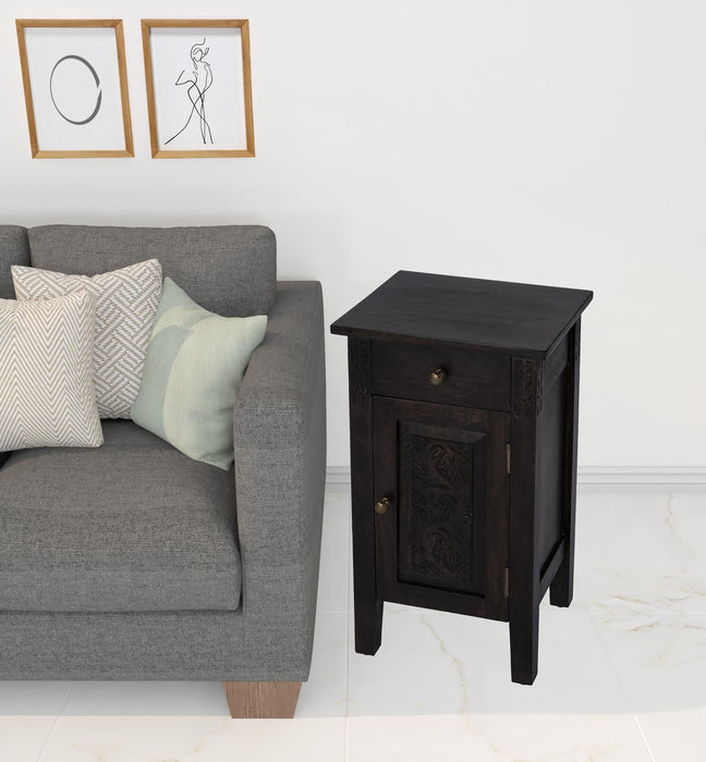 Solid Wood End Table With Door And Drawer - Dark Brown