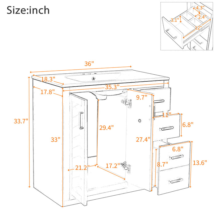 Giga bathroom vanity with sink, featuring a storage cabinet, three drawers, and soft-closing doors in a modern freestanding design.