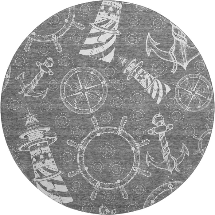 8' Nautical Washable Round Rug With UV Protection - Gray And Ivory