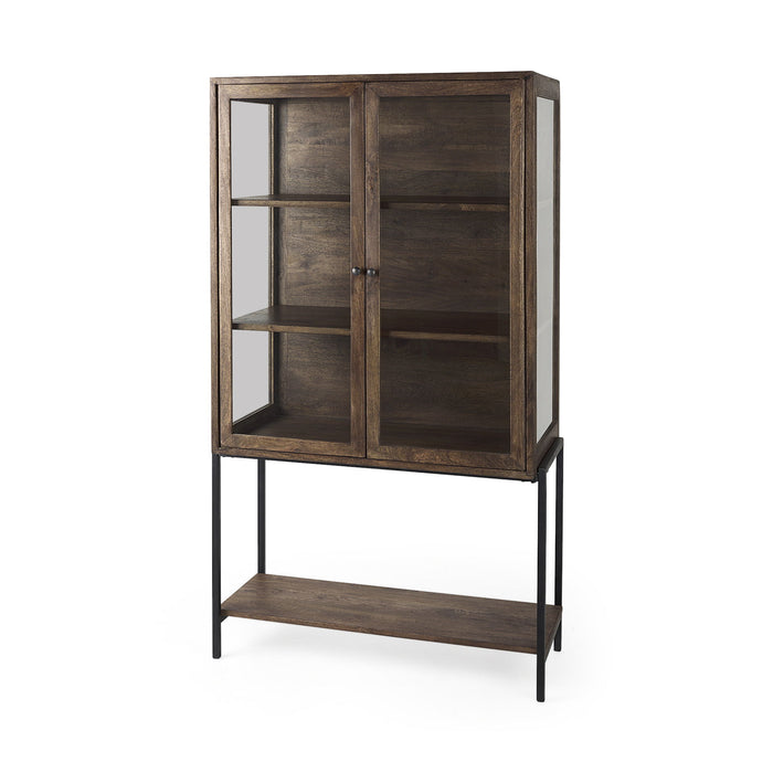 36" Solid Wood And Metal Display Cabinet With Two Doors - Brown
