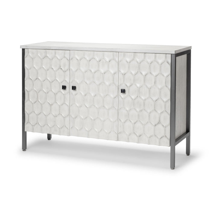 Gray and white 47-inch wood and metal carved geometric accent cabinet with three doors by HomeRoots.