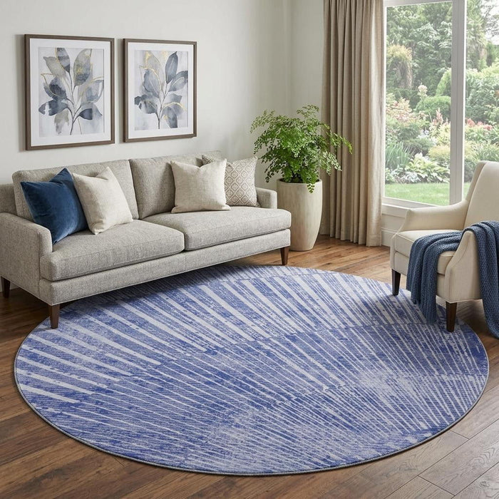 8' Geometric Washable Round Rug With UV Protection (648337) - Navy Blue / Ivory