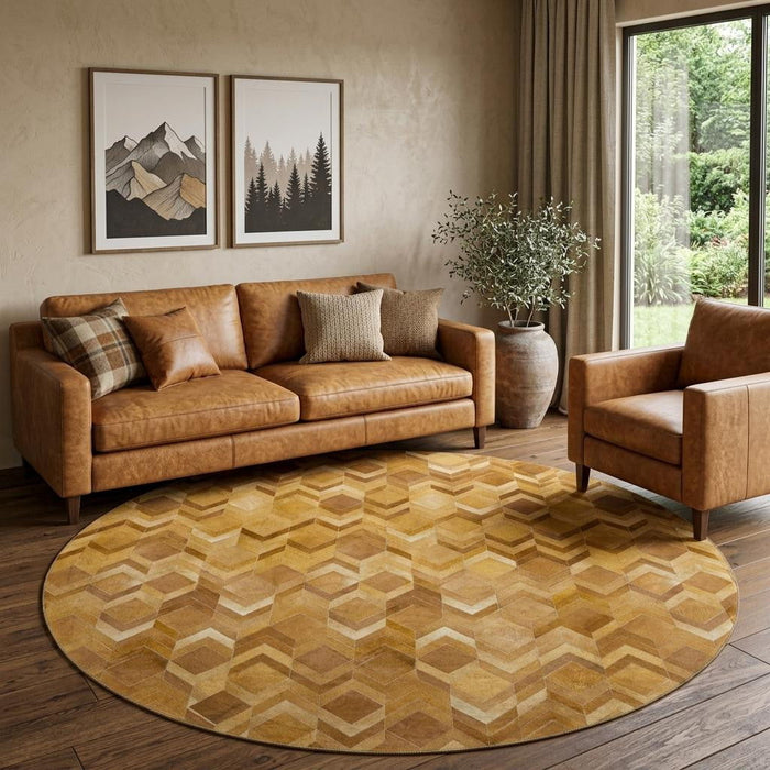 8' Geometric Washable Round Rug With UV Protection (644691) - Brown / Ivory / Beige
