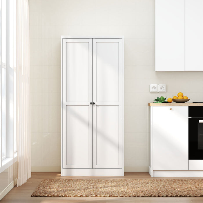 White Giga metal kitchen pantry cabinet with adjustable storage and four heavy-duty shelves for organized kitchen storage.