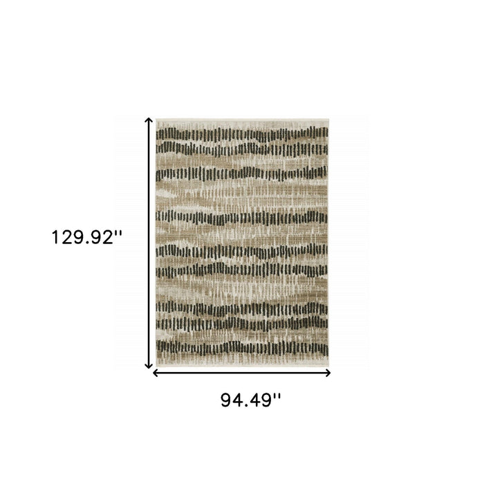 8' x 11' Abstract Power Loom Stain Resistant Area Rug With Fringe - Beige Ivory Charcoal Brown Tan And Gray