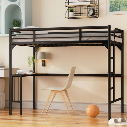 Black Giga twin metal loft bed with desk, ladder, guardrails, and under-bed bookdesk for space-saving sleeping and study area.
