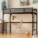 Black Giga twin metal loft bed with desk, ladder, guardrails, and under-bed bookdesk for space-saving sleeping and study area.
