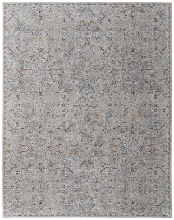 9' x 13' Abstract Power Loom Worn Faded Area Rug With Fringe - Ivory Tan And Blue
