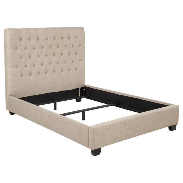 CoasterEssence Chloe upholstered full panel bed in oatmeal with padded headboard and clean-lined design, perfect for a modern bedroom.