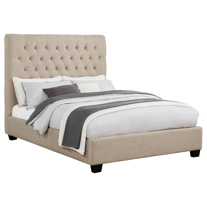 Chloe upholstered full panel bed in oatmeal fabric with a padded headboard and clean-lined frame, CoasterEssence furniture.