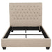 Chloe upholstered full panel bed in oatmeal fabric with a padded headboard, wooden side panels, and modern furniture design.