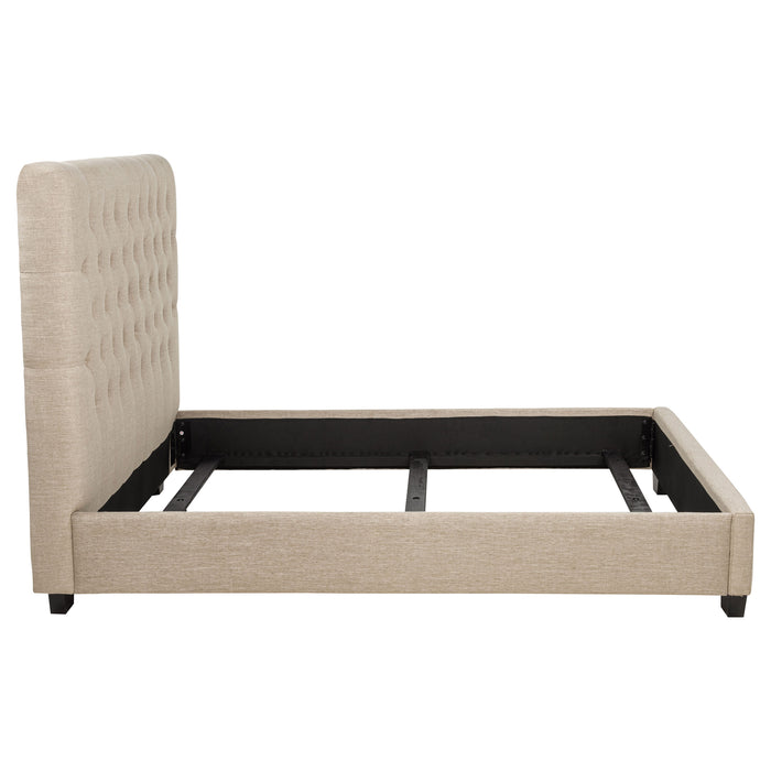 Chloe upholstered full panel bed by CoasterEssence in oatmeal fabric, featuring a padded headboard and sleek furniture design.