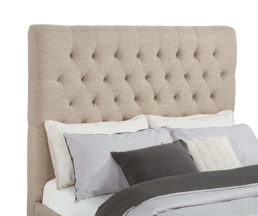 CoasterEssence Chloe upholstered full panel bed in oatmeal fabric with padded headboard and sleek wooden frame.