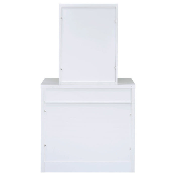 CoasterEssence Harvey white vanity set with lift-top stool and dressing table mirror