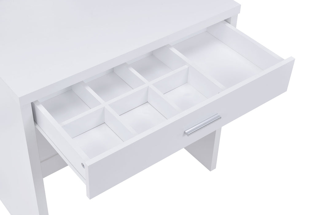 CoasterEssence Harvey white vanity set with lift-top stool and mirror