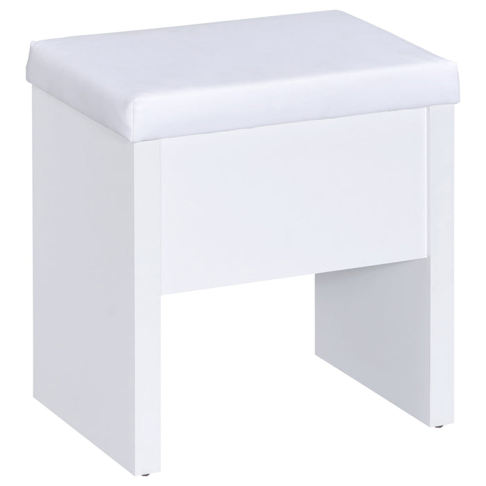 White Harvey vanity set with lift-top stool from CoasterEssence, featuring a sleek furniture design and spacious tabletop.