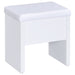 White Harvey vanity set with lift-top stool from CoasterEssence, featuring a sleek furniture design and spacious tabletop.