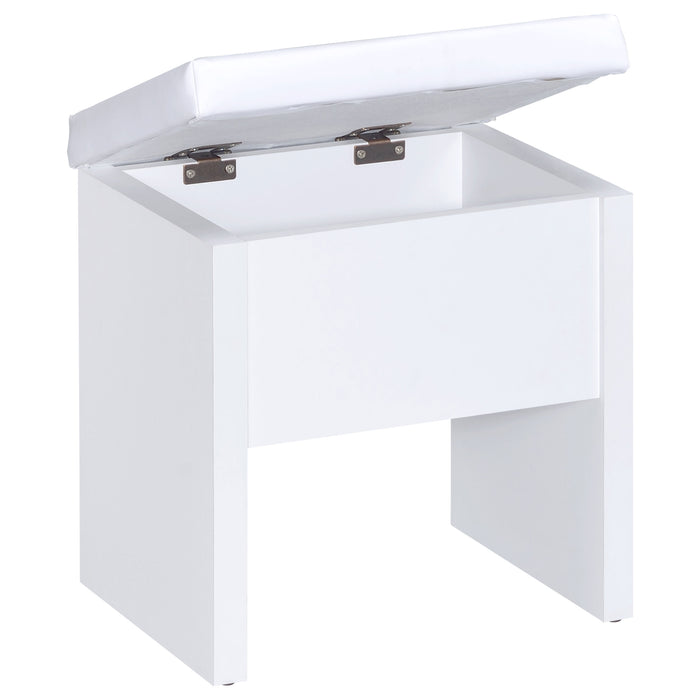 White Harvey vanity set with lift-top stool from CoasterEssence, featuring a spacious mirror and storage drawers.
