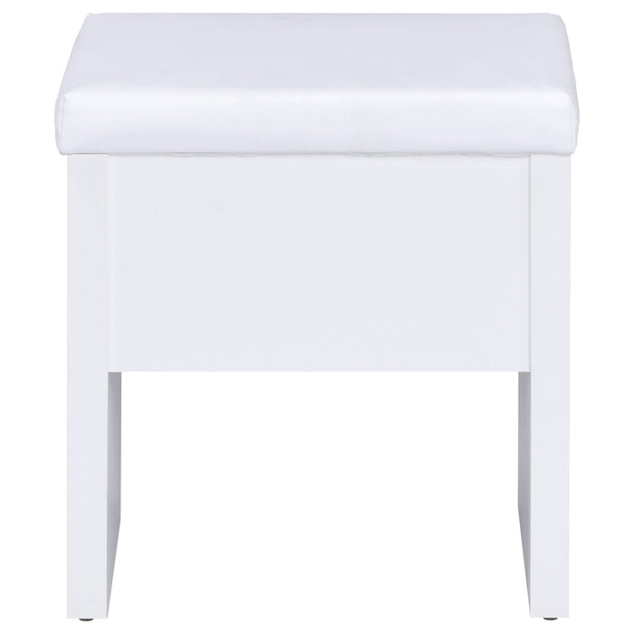 White Harvey vanity set with lift-top stool from CoasterEssence, featuring a sleek furniture design with a mirror and storage drawers.