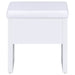 White Harvey vanity set with lift-top stool from CoasterEssence, featuring a sleek furniture design with a mirror and storage drawers.