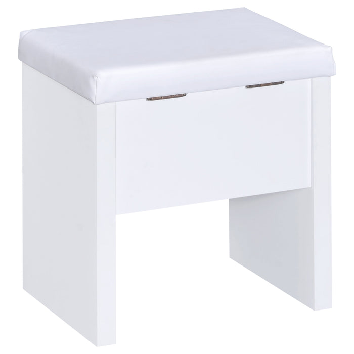 CoasterEssence Harvey white vanity set with lift-top stool showing a sleek wooden dresser with mirror and matching stool.