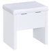 CoasterEssence Harvey white vanity set with lift-top stool showing a sleek wooden dresser with mirror and matching stool.