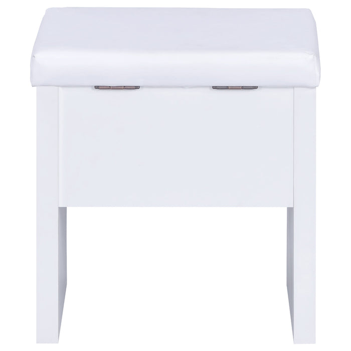 CoasterEssence Harvey white vanity set with lift-top stool and spacious tabletop storage