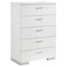 White Jeremaine 5-piece California King bedroom set by CoasterEssence, featuring a sleek bed frame, nightstands, and matching dresser.