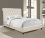 Beige upholstered Queen panel bed from CoasterEssence with a classic, modern design and a sturdy wooden frame.