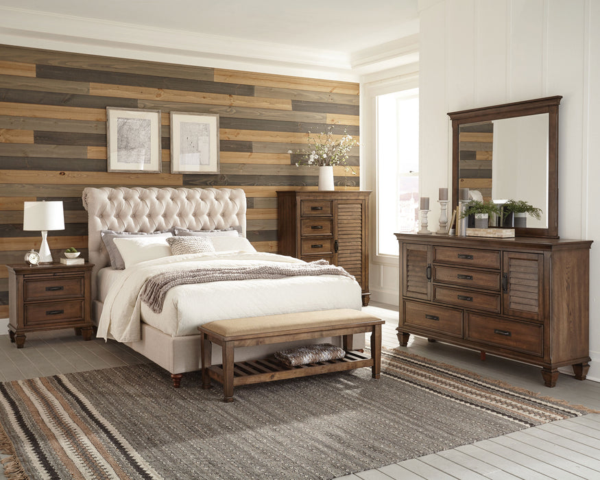 Beige upholstered Queen panel bed from CoasterEssence with a classic design and sturdy wooden frame.