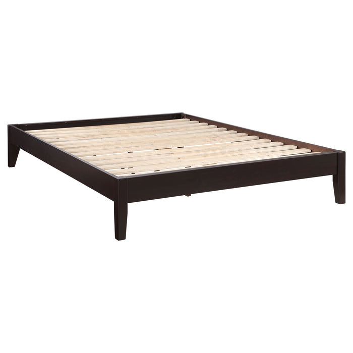 CoasterEssence Hounslow Eastern King universal platform bed in cappuccino finish, showing the headboard and sleek furniture design.