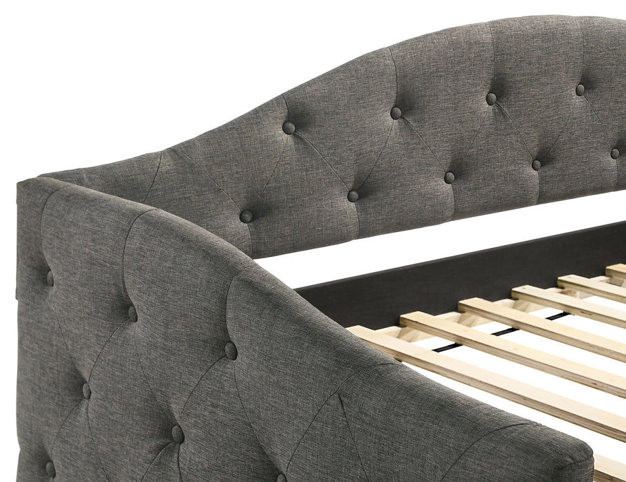 Grey Sadie upholstered twin daybed with trundle and button-tufted headboard, featuring modern furniture design.