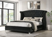 Black Barzini upholstered Eastern king wingback bed by CoasterElevations with tall winged headboard and sleek furniture design.