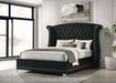 Black Barzini upholstered queen wingback bed with tufted headboard and sleek wooden legs, made by CoasterElevations.