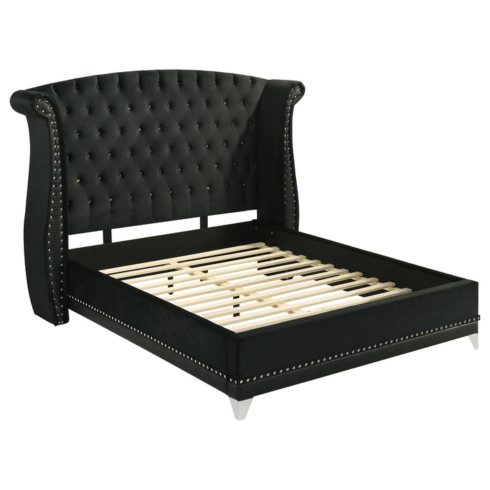 Black Barzini upholstered queen wingback bed with padded headboard and elegant furniture design from CoasterElevations.