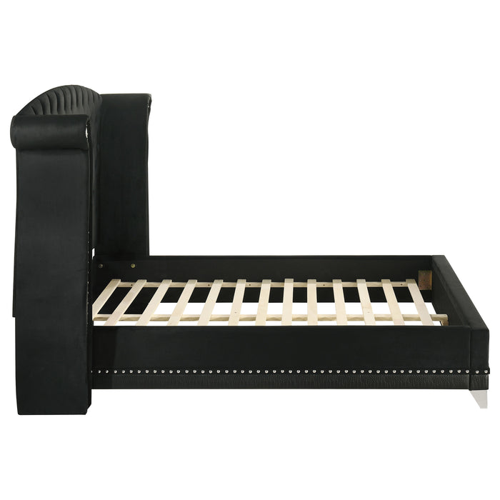 Black Barzini upholstered queen wingback bed by CoasterElevations with padded headboard and sleek design.