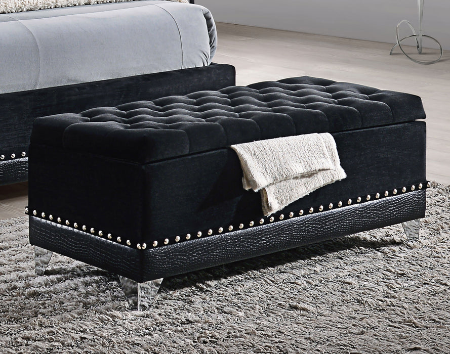 Black Barzini velvet upholstered tufted storage bench, CoasterElevations furniture with cushioned top and tufted detailing.
