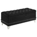 Black Barzini velvet upholstered tufted storage bench by CoasterElevations, showcasing plush tufted cushion and sleek storage space.