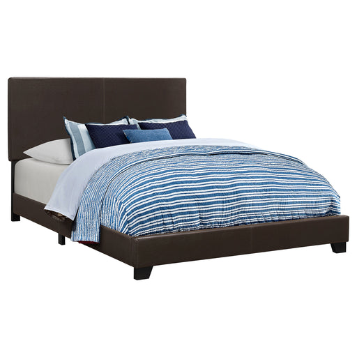 Brown Dorian faux leather upholstered full panel bed from CoasterEveryday, showcasing the headboard and bed frame in a modern design.