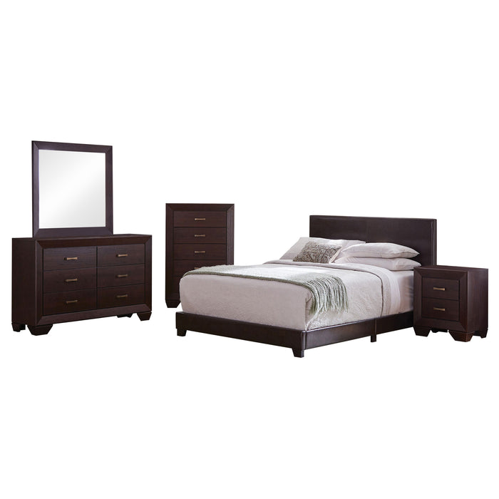 Dark cocoa Dorian 5-piece California King bedroom furniture set by CoasterEveryday, including bed frame, nightstands, and dresser.