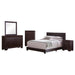 Dark cocoa Dorian 5-piece California King bedroom furniture set by CoasterEveryday, including bed frame, nightstands, and dresser.