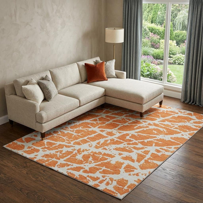 8' X 10' Abstract Washable Area Rug With UV Protection (646564) - Orange / Ivory