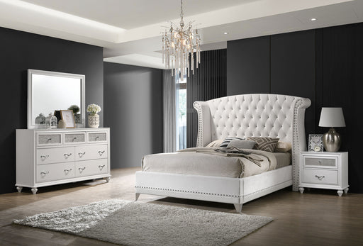CoasterEveryday Barzini 4-piece Eastern King bedroom set in white, includes bed, nightstands, and dresser for elegant bedroom furniture