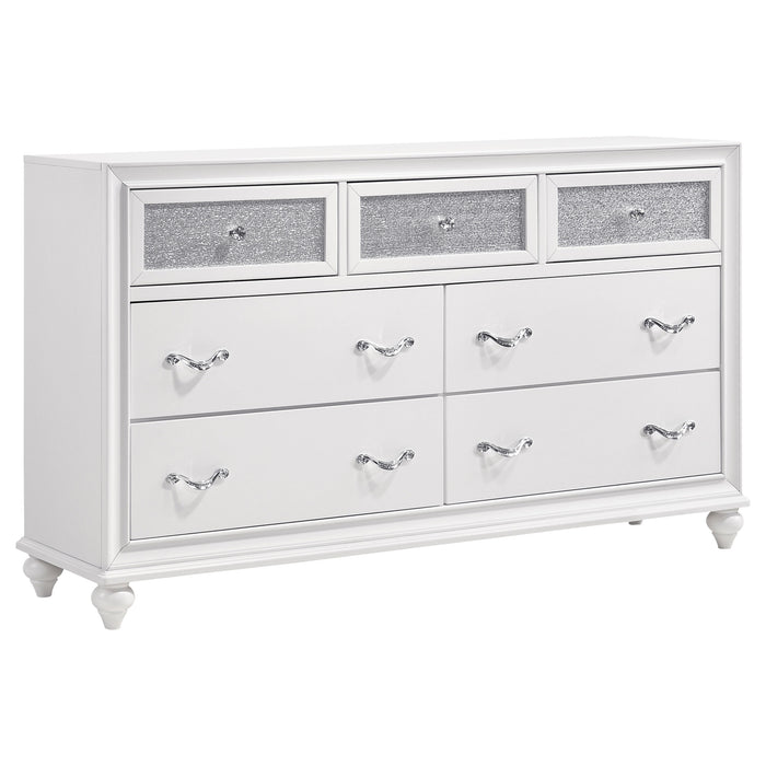 White Barzini 5-piece Eastern King bedroom set by CoasterEveryday, featuring a bed frame, nightstands, and matching furniture.