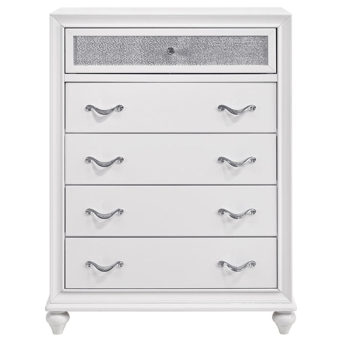 White Barzini 5-piece Eastern King bedroom set by CoasterEveryday, including bed frame, nightstands, and dresser, in a modern furniture style.