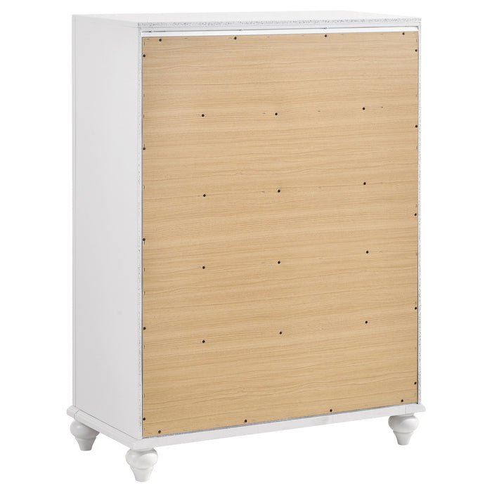 White Barzini 5-piece Eastern King bedroom furniture set by CoasterEveryday, including bed frame, nightstands, and dresser.