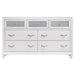 CoasterEveryday Barzini 5-piece Queen bedroom set in white, includes bed frame, nightstands, dresser, and mirror with modern design.