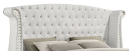 White Barzini upholstered queen wingback bed with padded headboard and elegant design, shown in a modern bedroom setting.